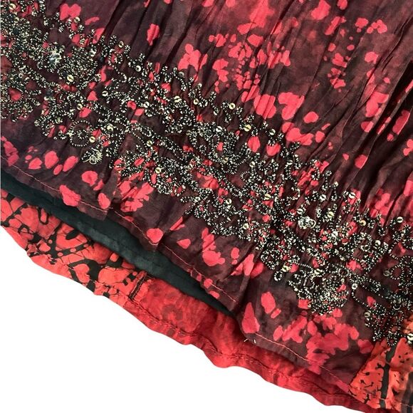 Silk A-Line Bohemian Maxi Skirt Size 12 Vibrant Reds Sequin Bead Trim - Picture 6 of 8
